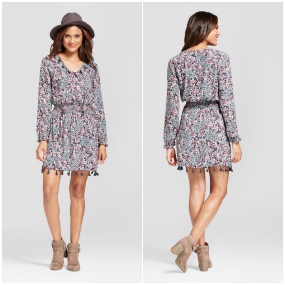 Knox Rose Floral Tassel-Hem Long Sleeve Dress in Navy and Pink